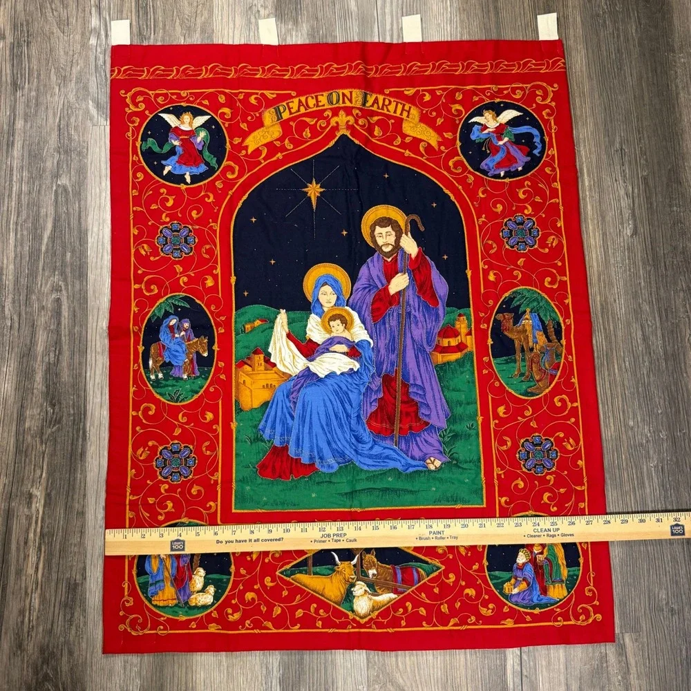 Handmade‎ Vintage Peace on Earth Nativity Quilted Wall Hanging Loops Christmas